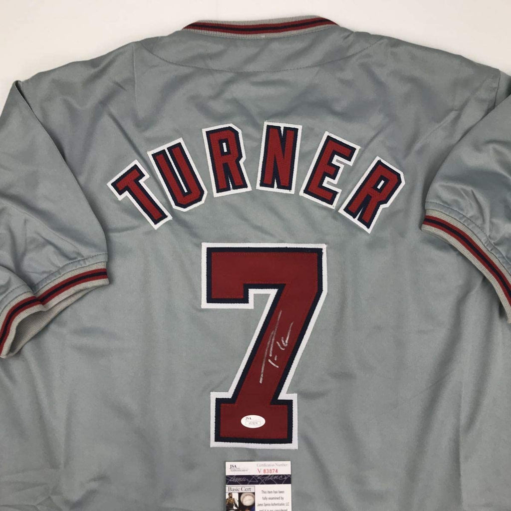 Autographed/Signed Trea Turner Washington Grey Baseball Jersey JSA COA
