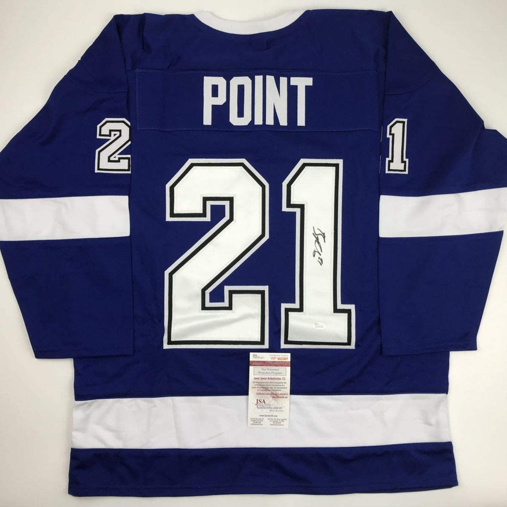 Autographed/Signed Brayden Point Tampa Bay Blue Hockey Jersey JSA COA