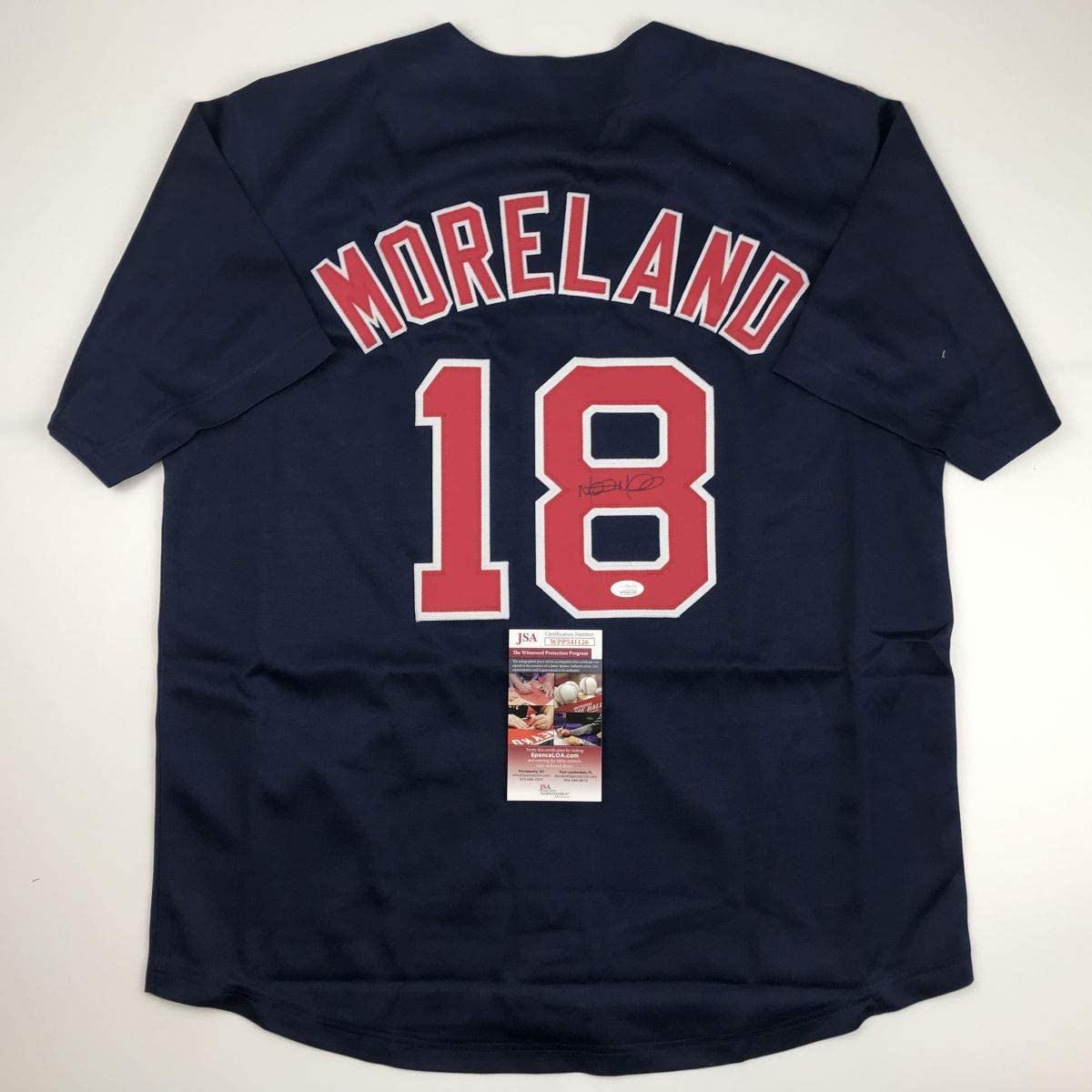Autographed/Signed Mitch Moreland Boston Blue Baseball Jersey JSA COA