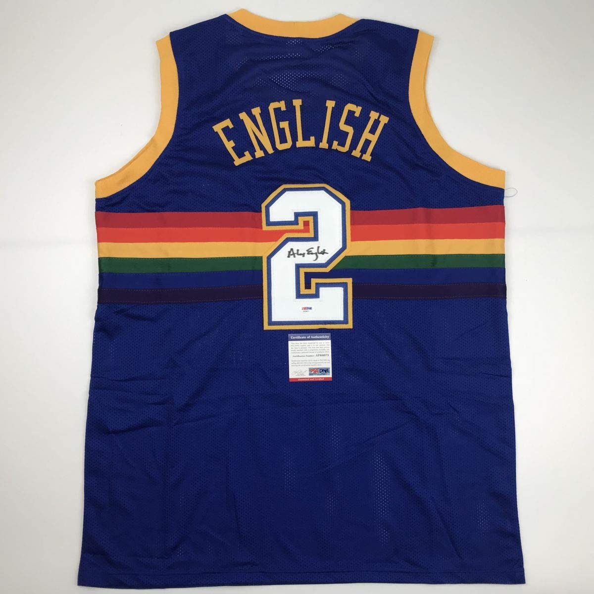Autographed/Signed Alex English Denver Blue Basketball Jersey PSA/DNA COA