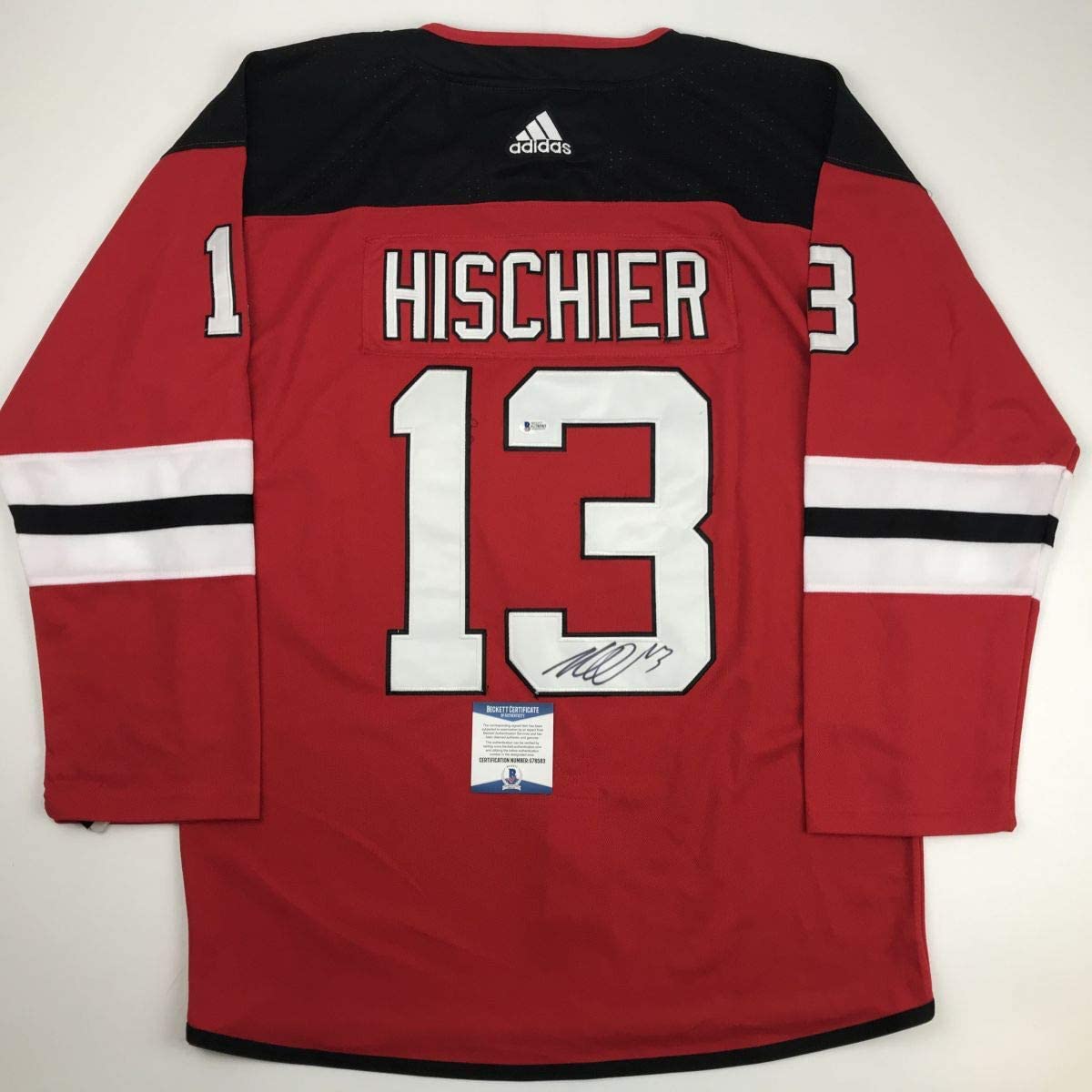 Autographed/Signed Nico Hischier New Jersey Red Hockey Jersey Beckett BAS COA