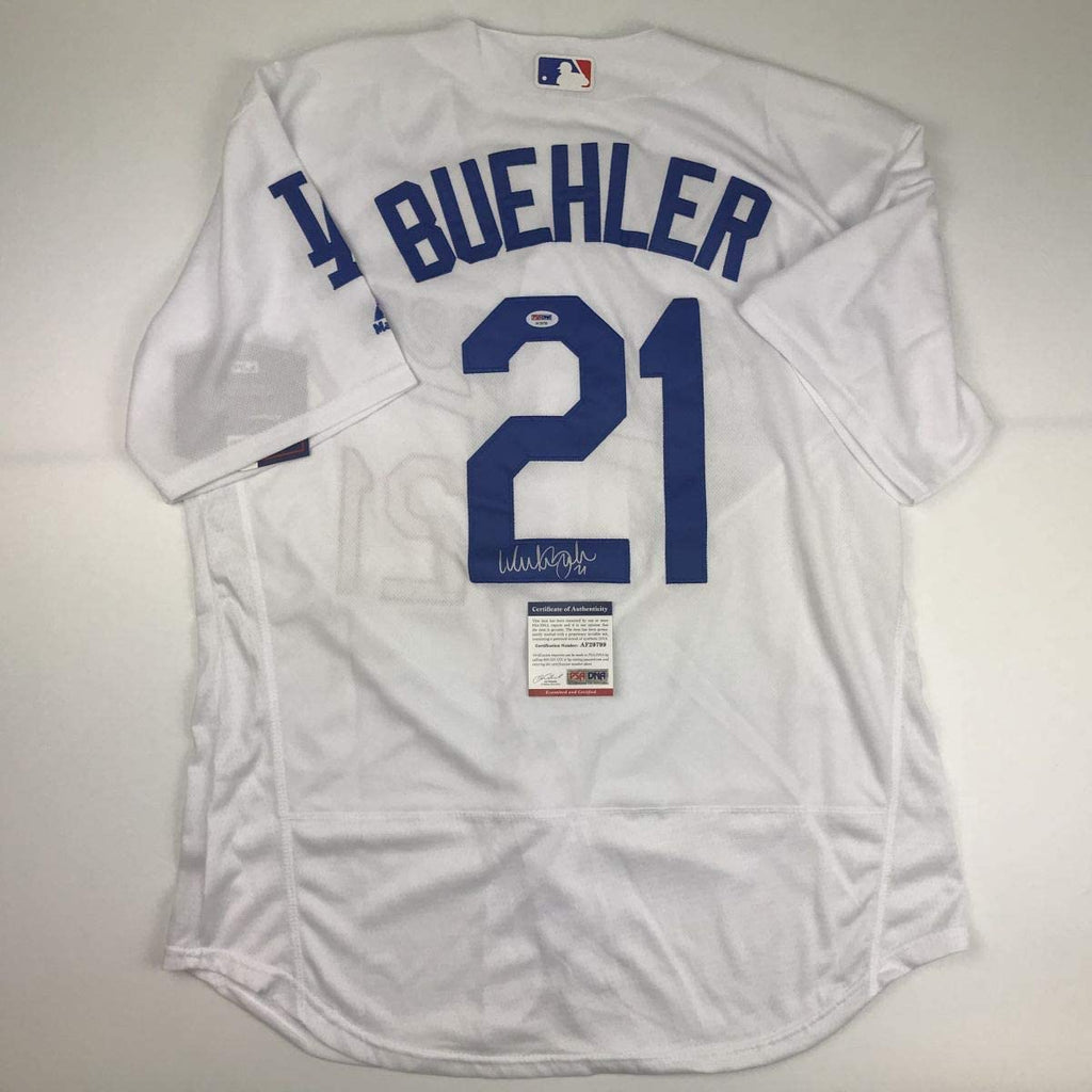 Autographed/Signed Walker Buehler Los Angeles LA White Baseball Jersey PSA/DNA COA