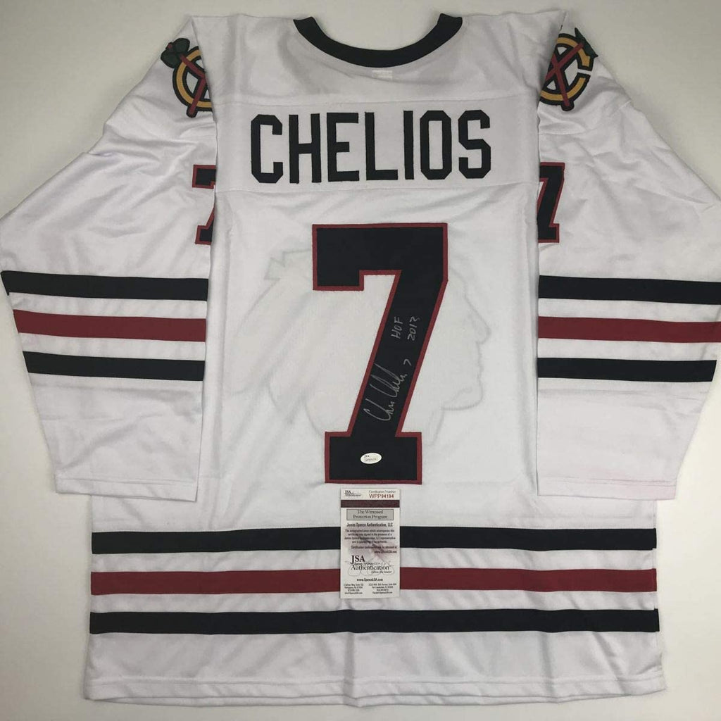 Autographed/Signed Chris Chelios HOF 2013 Chicago White Hockey Jersey JSA COA
