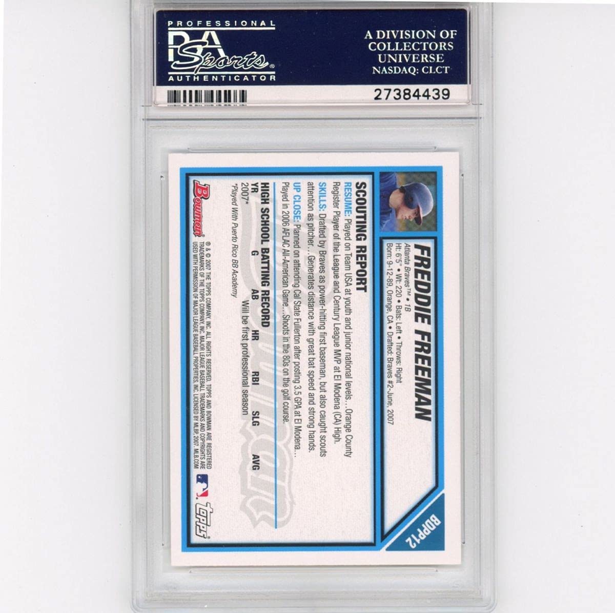 Graded 2007 Bowman Draft Picks & Prospects Freddie Freeman #BDPP12 Rookie RC Baseball Card PSA 10 Gem Mint