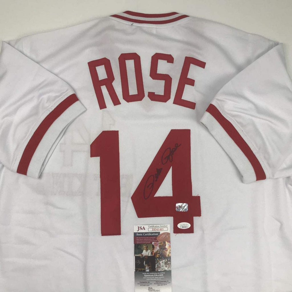 Autographed/Signed Pete Rose Cincinnati White Hit King Baseball Jersey JSA COA