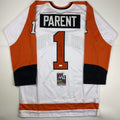 Autographed/Signed Bernie Parent Philadelphia White Hockey Jersey JSA COA