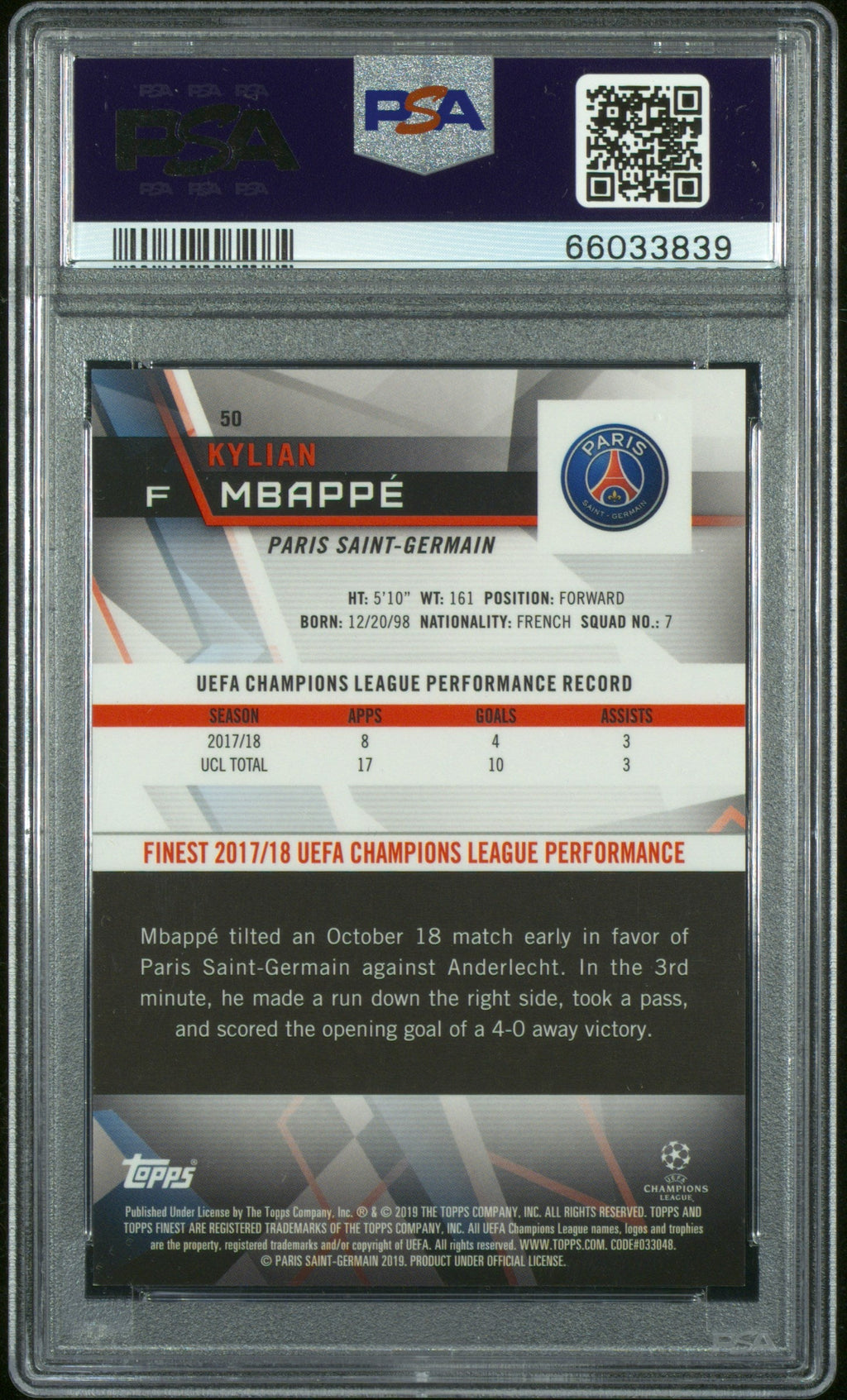Graded 2018 Topps Finest UCL Kylian Mbappe #50 Green Refractor /99 Soccer Card PSA 9 Mint