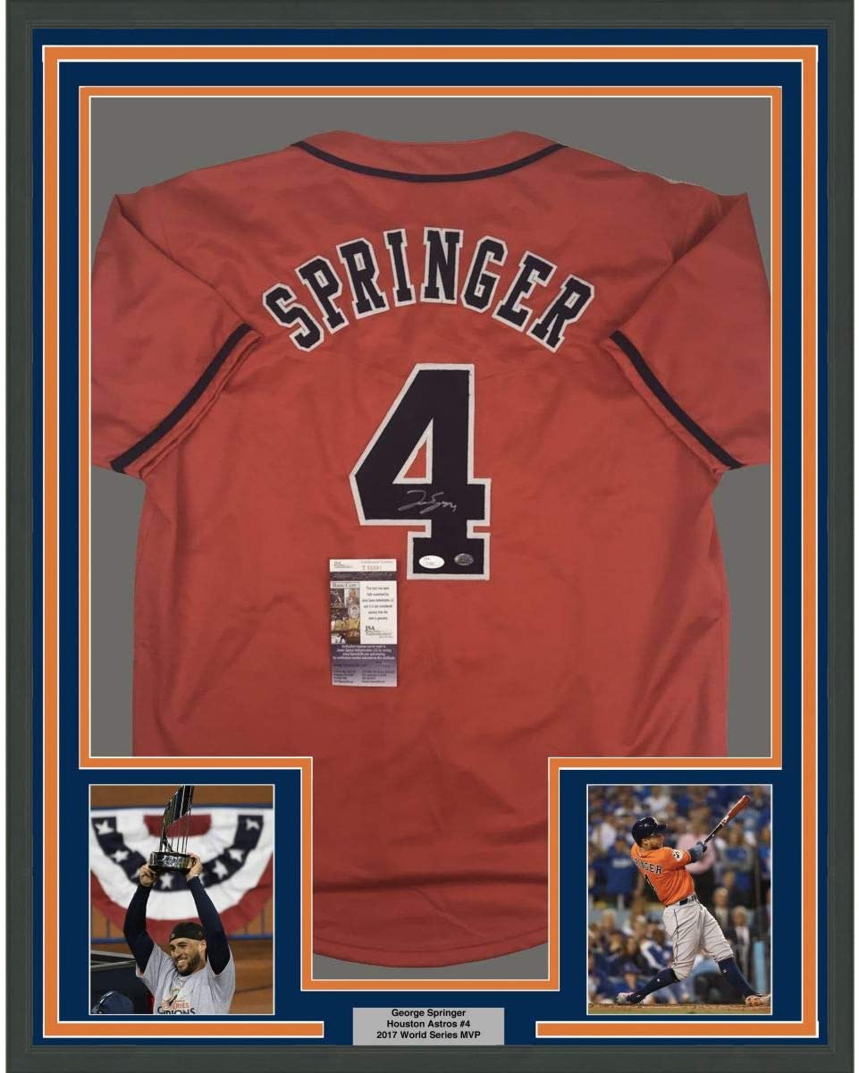Framed Autographed/Signed George Springer 35x39 Houston Orange Baseball Jersey JSA COA