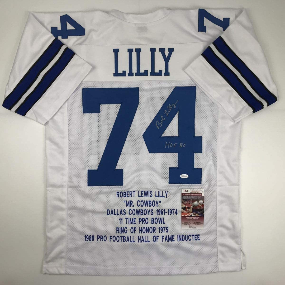 Autographed/Signed Bob Lilly HOF 80 Dallas White Stat Football Jersey JSA COA
