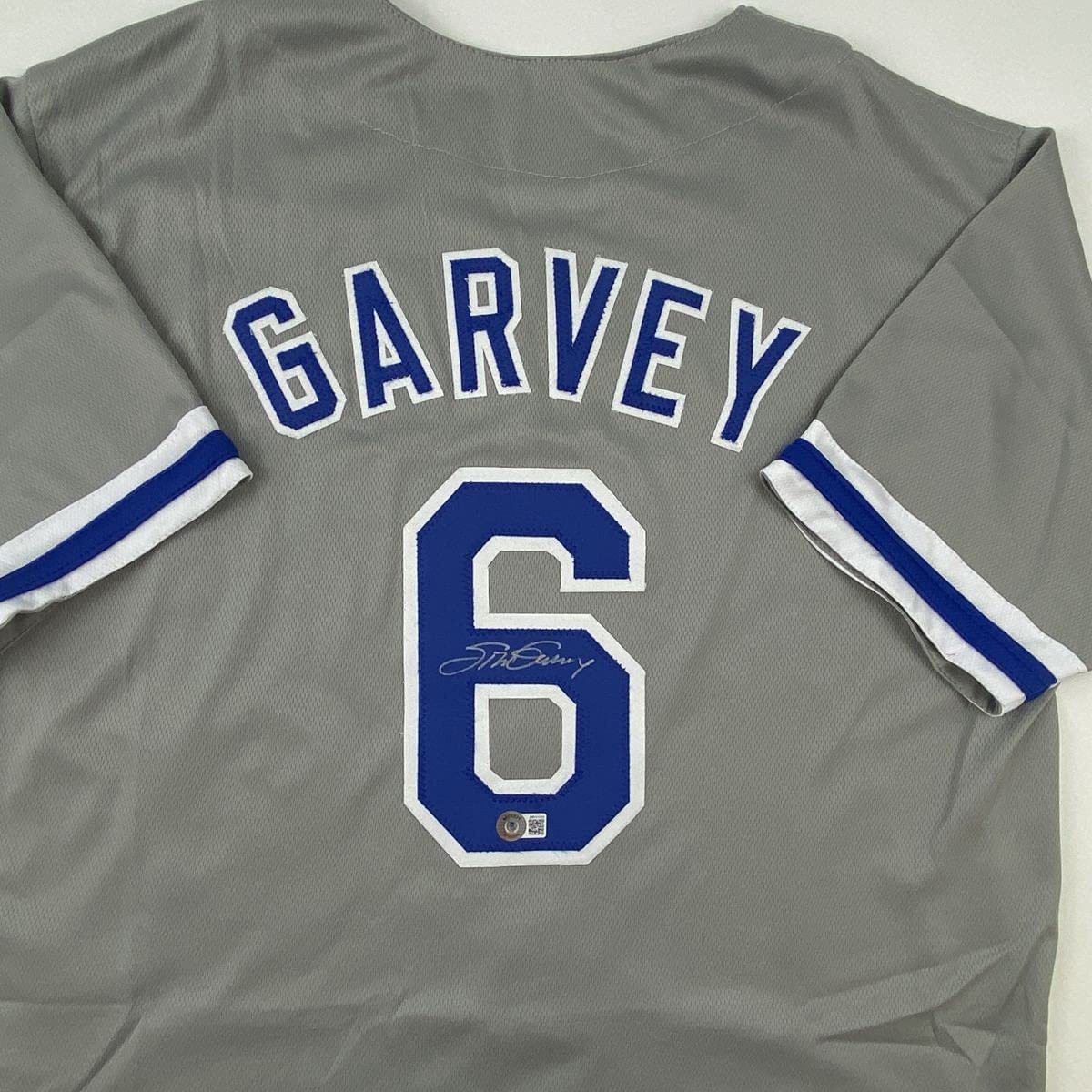 Autographed/Signed Steve Garvey Los Angeles LA Grey Baseball Jersey Beckett BAS COA