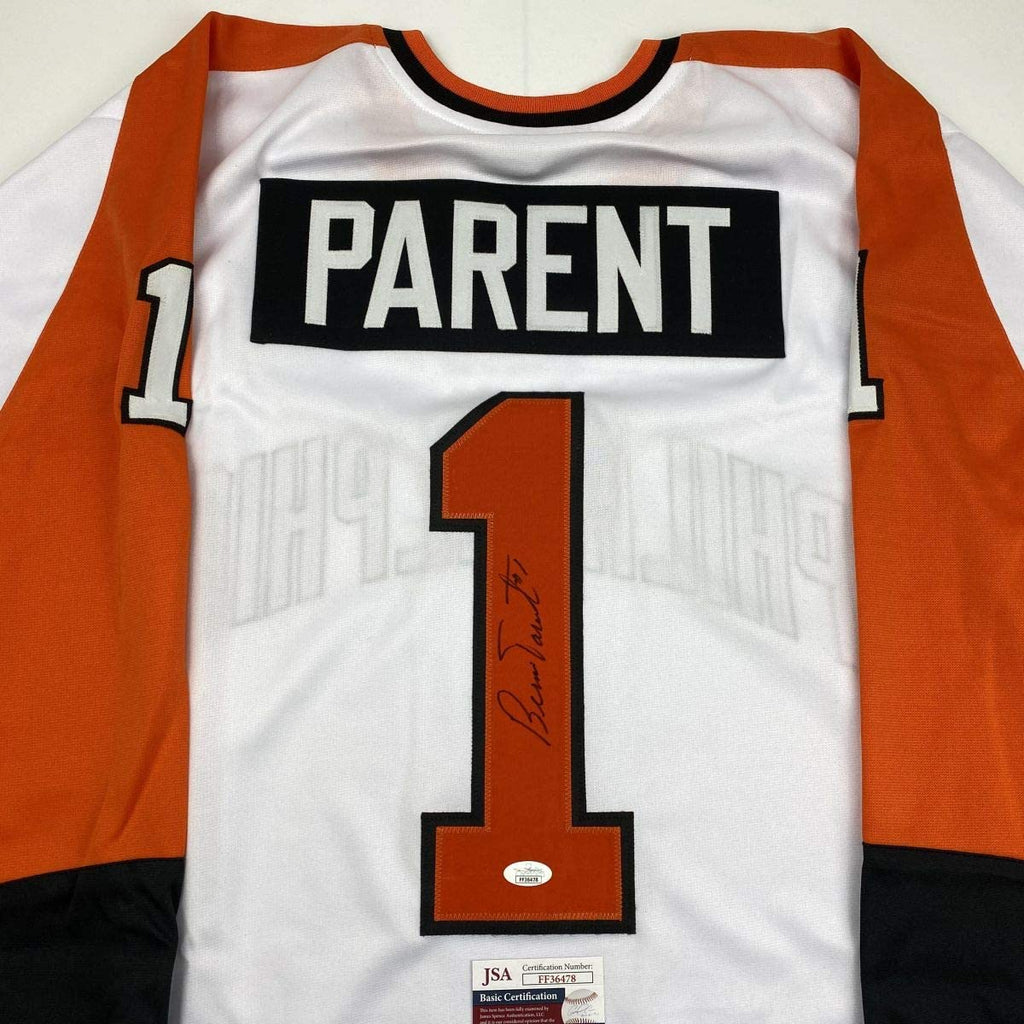 Autographed/Signed Bernie Parent Philadelphia White Hockey Jersey JSA COA