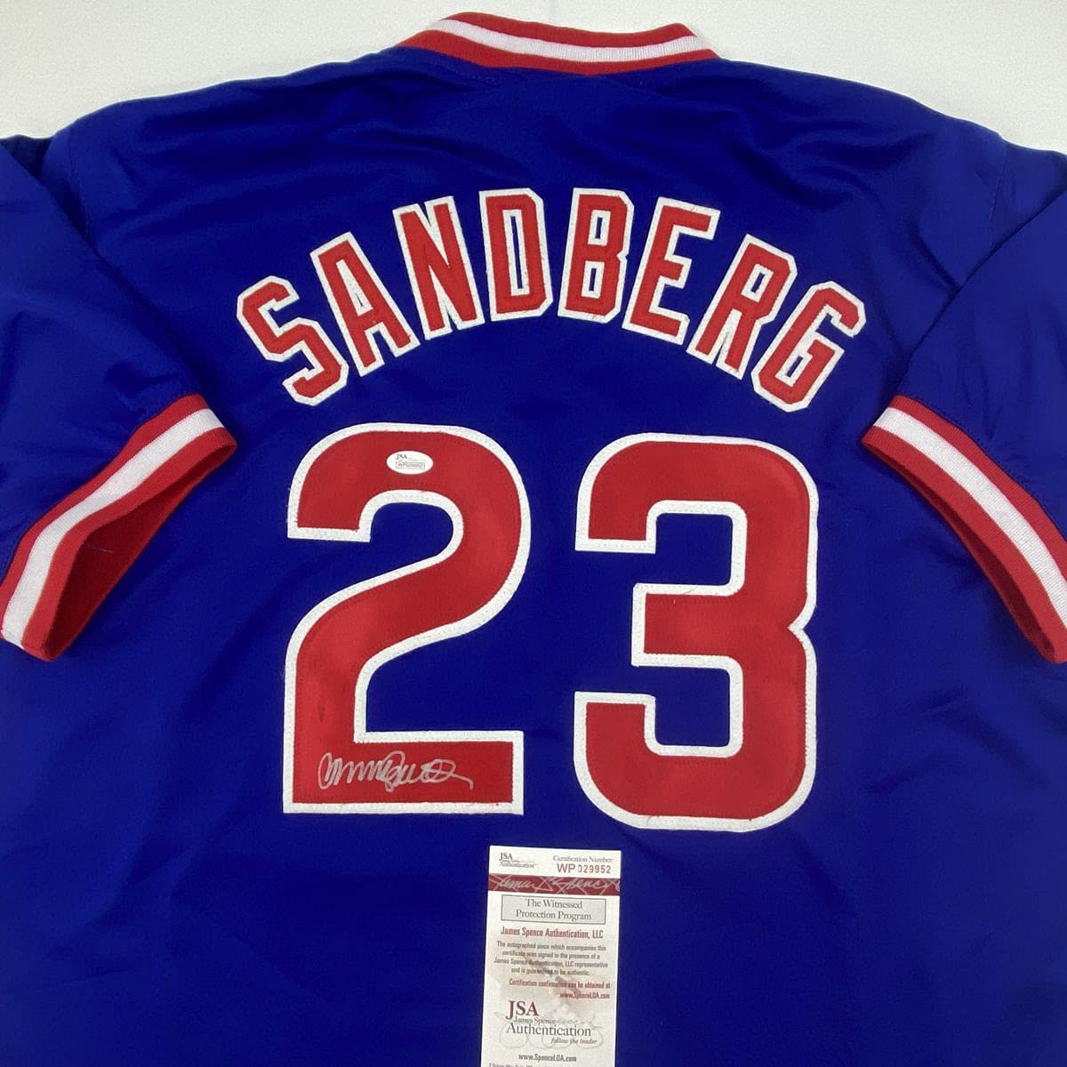 Autographed/Signed Ryne Sandberg Chicago Blue Baseball Jersey JSA COA