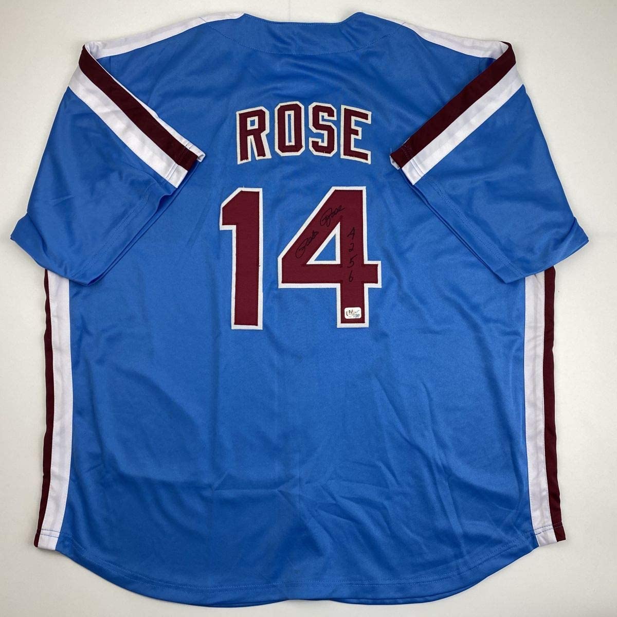 Autographed/Signed Pete Rose 4256 Philadelphia Blue Baseball Jersey Athlete Hologram COA