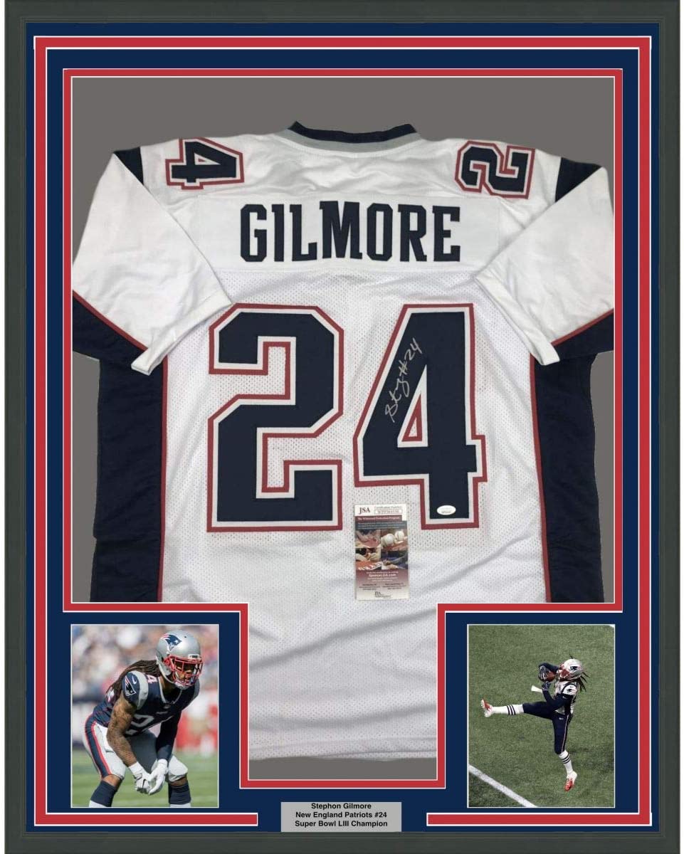 Framed Autographed/Signed Stephon Gilmore 35x39 New England White Football Jersey JSA COA