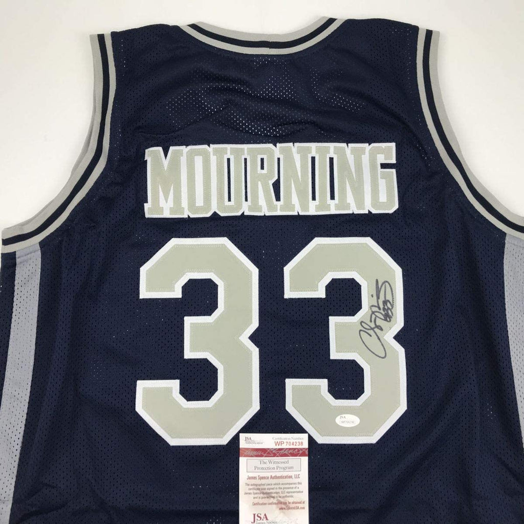 Autographed/Signed Alonzo Mourning Georgetown Blue College Basketball Jersey JSA COA