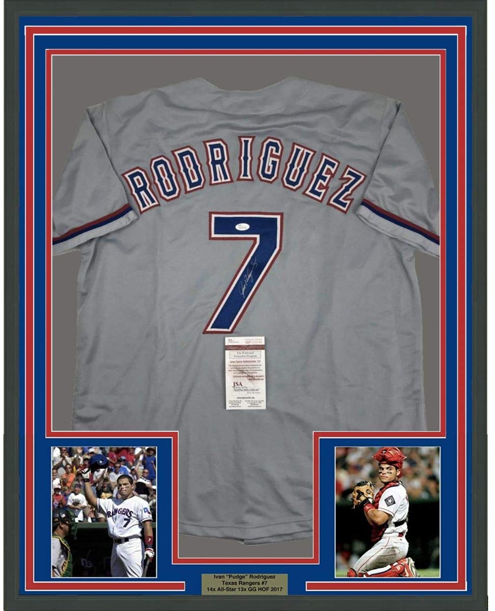 Framed Autographed/Signed Ivan Pudge Rodriguez 35x39 Texas Grey Baseball Jersey JSA COA