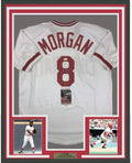 Framed Autographed/Signed Joe Morgan HOF 90 35x39 Cincinnati White Baseball Jersey JSA COA