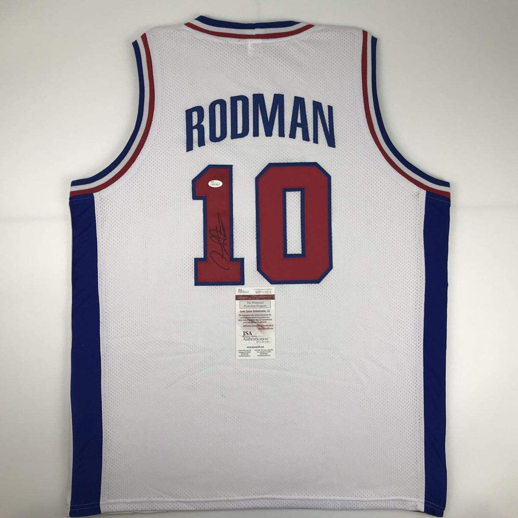 Autographed/Signed Dennis Rodman Detroit White Basketball Jersey JSA COA
