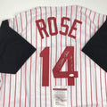 Autographed/Signed Pete Rose 4256 Cincinnati Pinstripe Baseball Jersey JSA COA