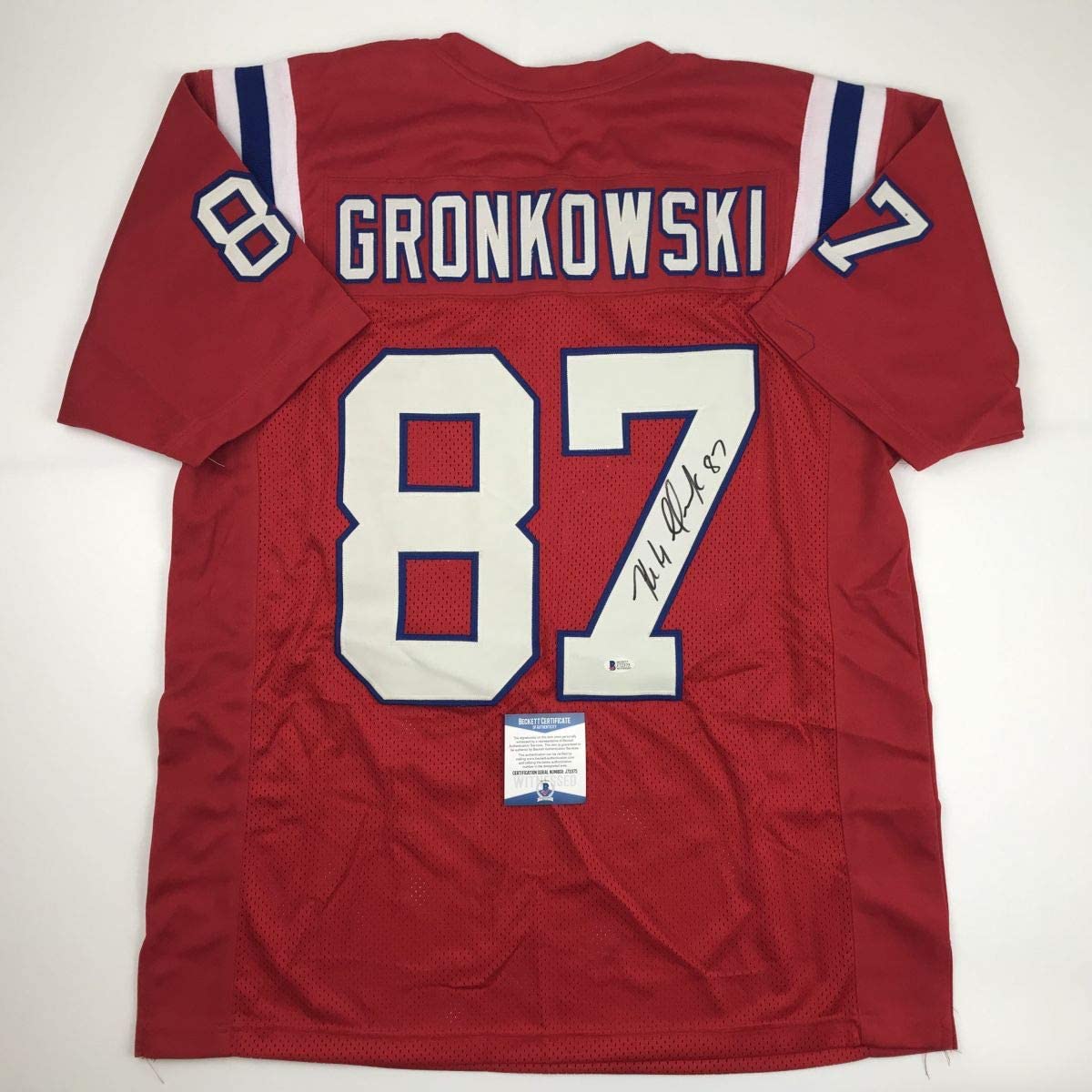 Autographed/Signed Rob Gronkowski New England Red Football Jersey Beckett BAS COA