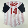 Autographed/Signed Pete Rose Hit King Cincinnati Pinstripe Baseball Jersey JSA COA
