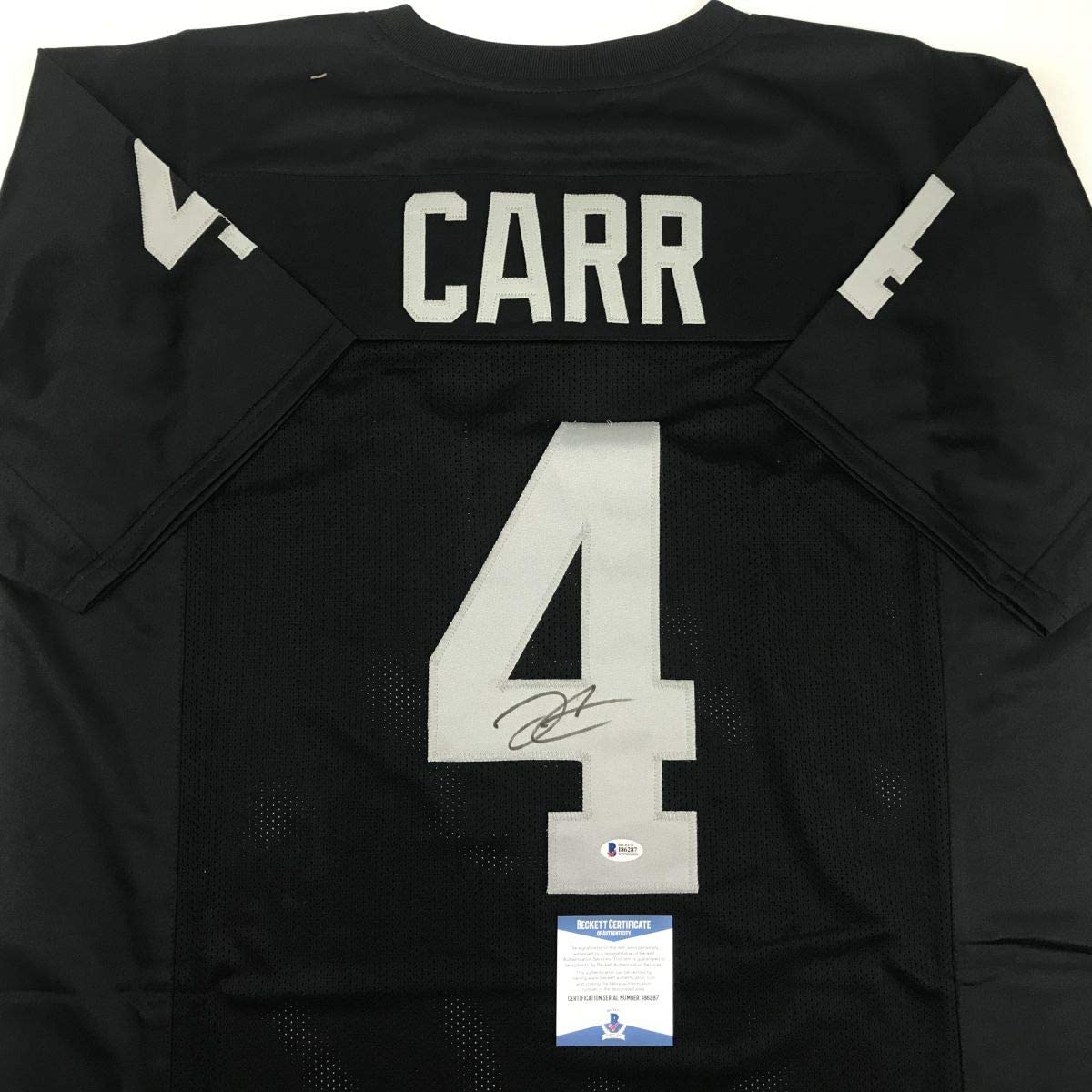 Autographed/Signed Derek Carr Oakland Black Football Jersey Beckett BAS COA