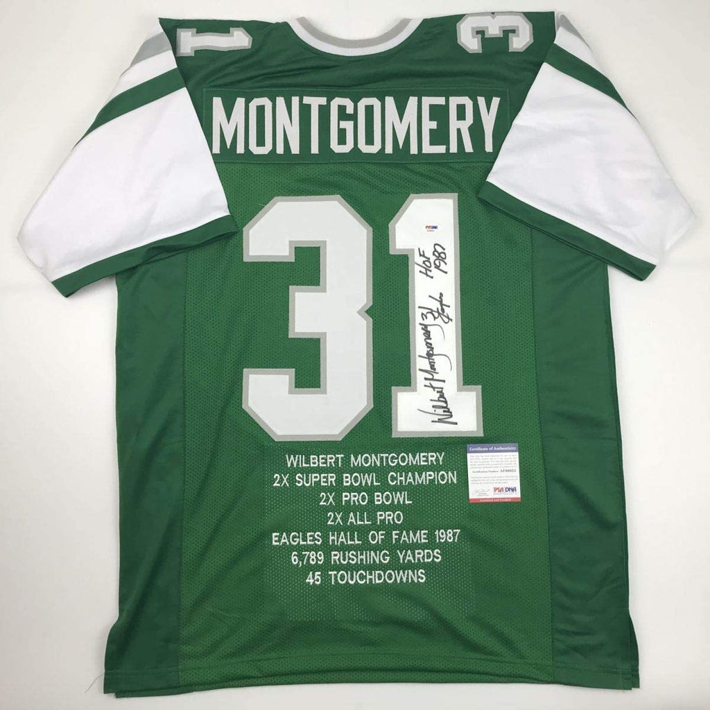 Autographed/Signed Wilbert Montgomery Philadelphia Green Stat Football Jersey PSA/DNA COA