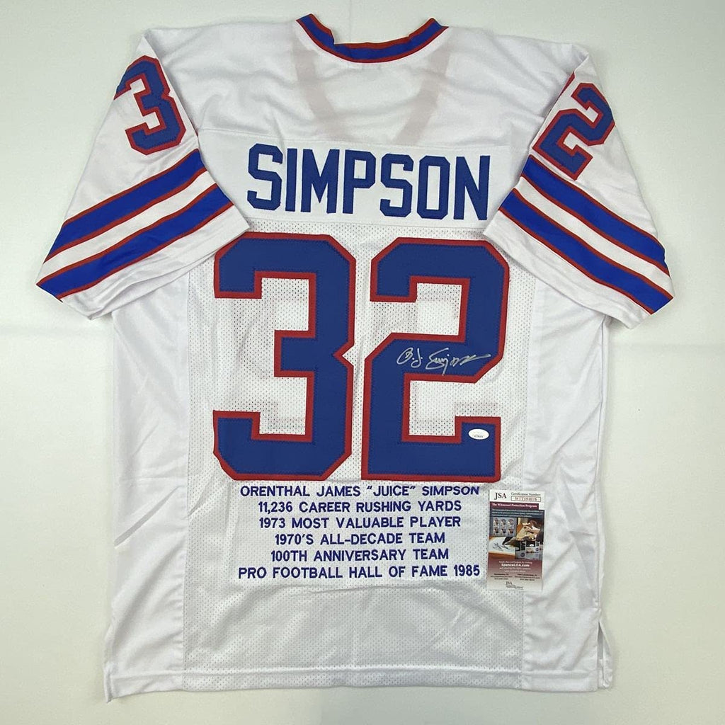 Autographed/Signed OJ O.J. Simpson Buffalo White Stat Football Jersey JSA COA