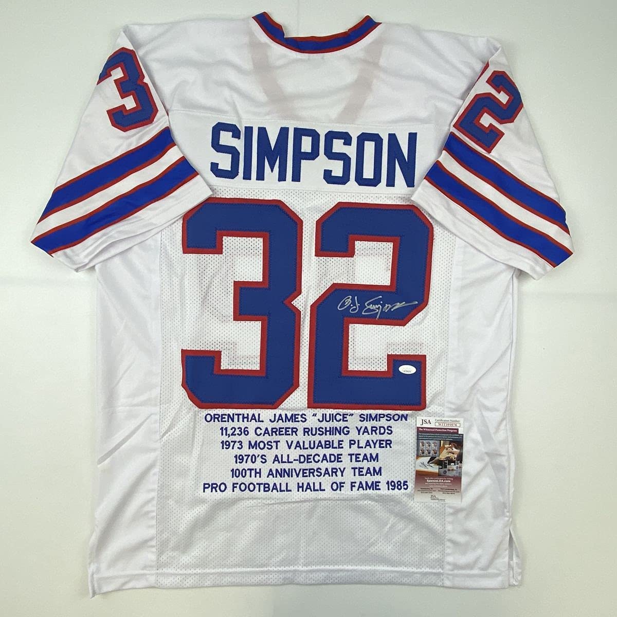 Autographed/Signed OJ O.J. Simpson Buffalo White Stat Football Jersey JSA COA