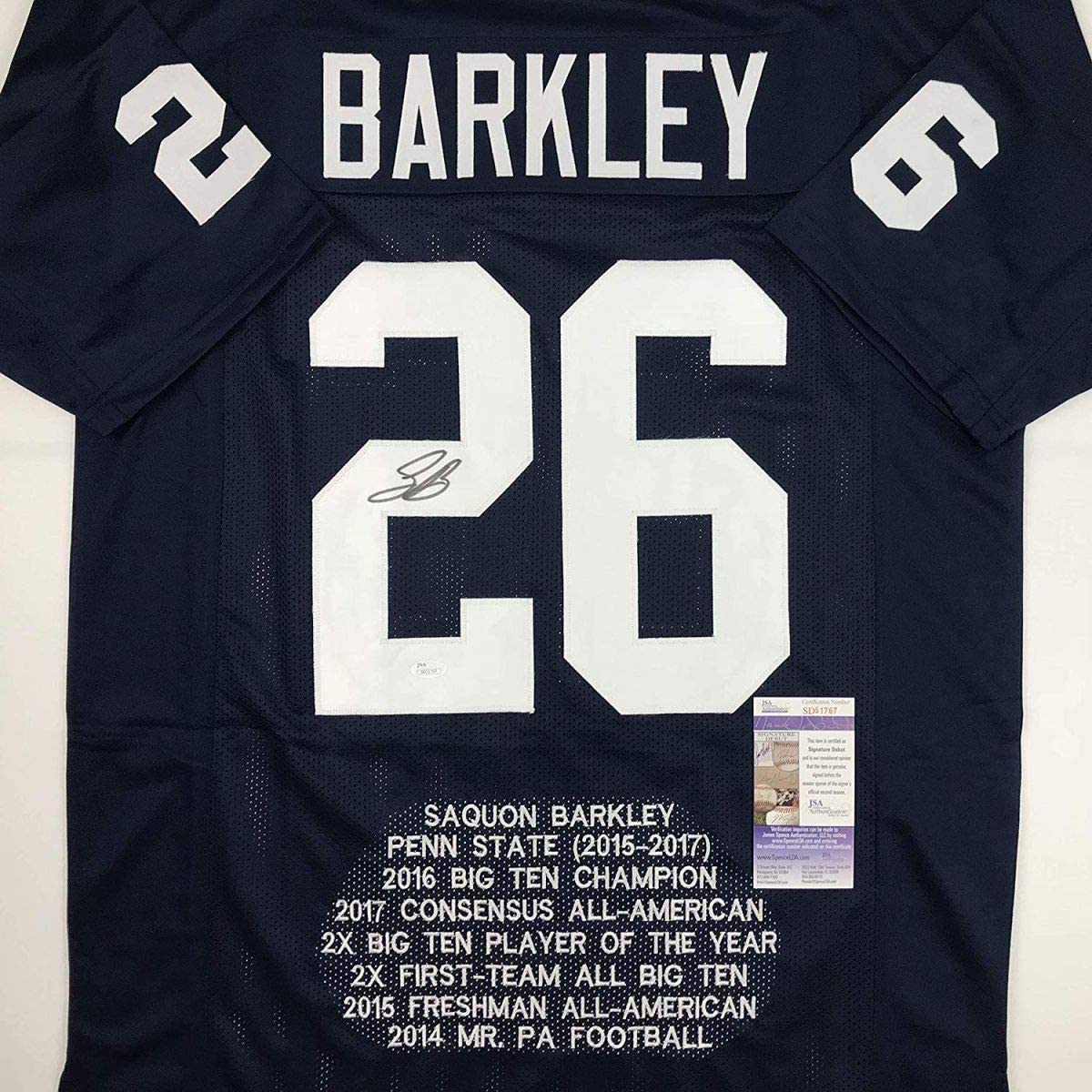 Autographed/Signed Saquon Barkley Penn State Blue Stat College Football Jersey JSA COA