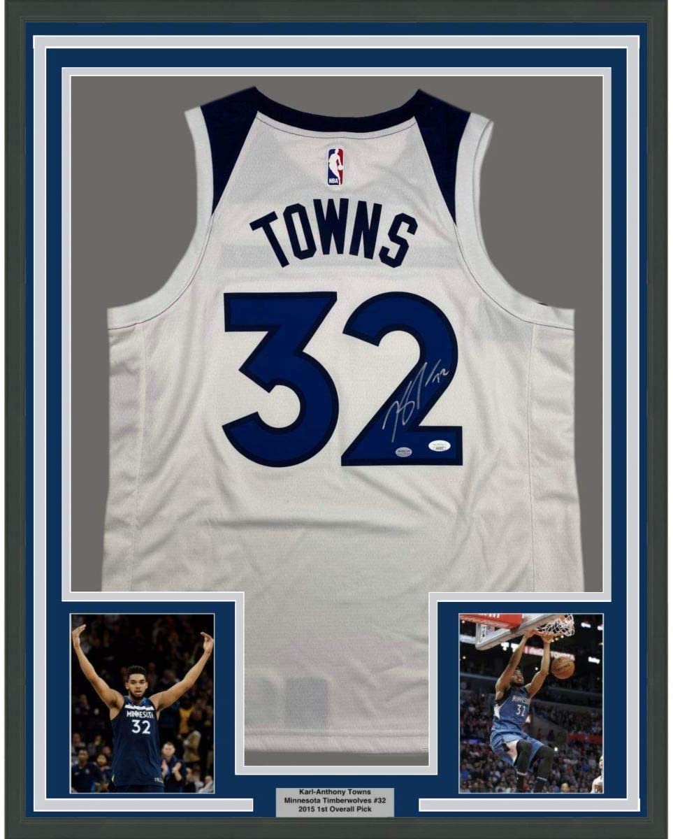 Framed Autographed/Signed Karl-Anthony Towns 35x39 Minnesota White Basketball Jersey JSA COA