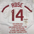 Autographed/Signed Pete Rose 4256 Cincinnati White Stat Baseball Jersey JSA COA