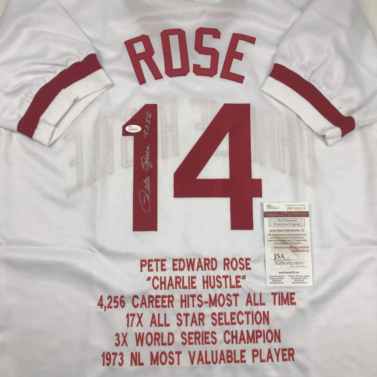 Autographed/Signed Pete Rose 4256 Cincinnati White Stat Baseball Jersey JSA COA