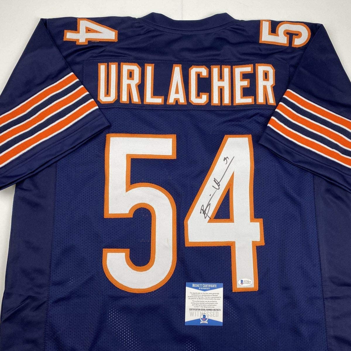 Autographed/Signed Brian Urlacher Chicago Blue Football Jersey Beckett BAS COA