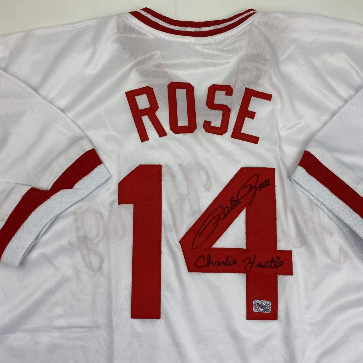 Autographed/Signed Pete Rose Inscribed Charlie Hustle Cincinnati White Baseball Jersey Athlete Hologram COA #2