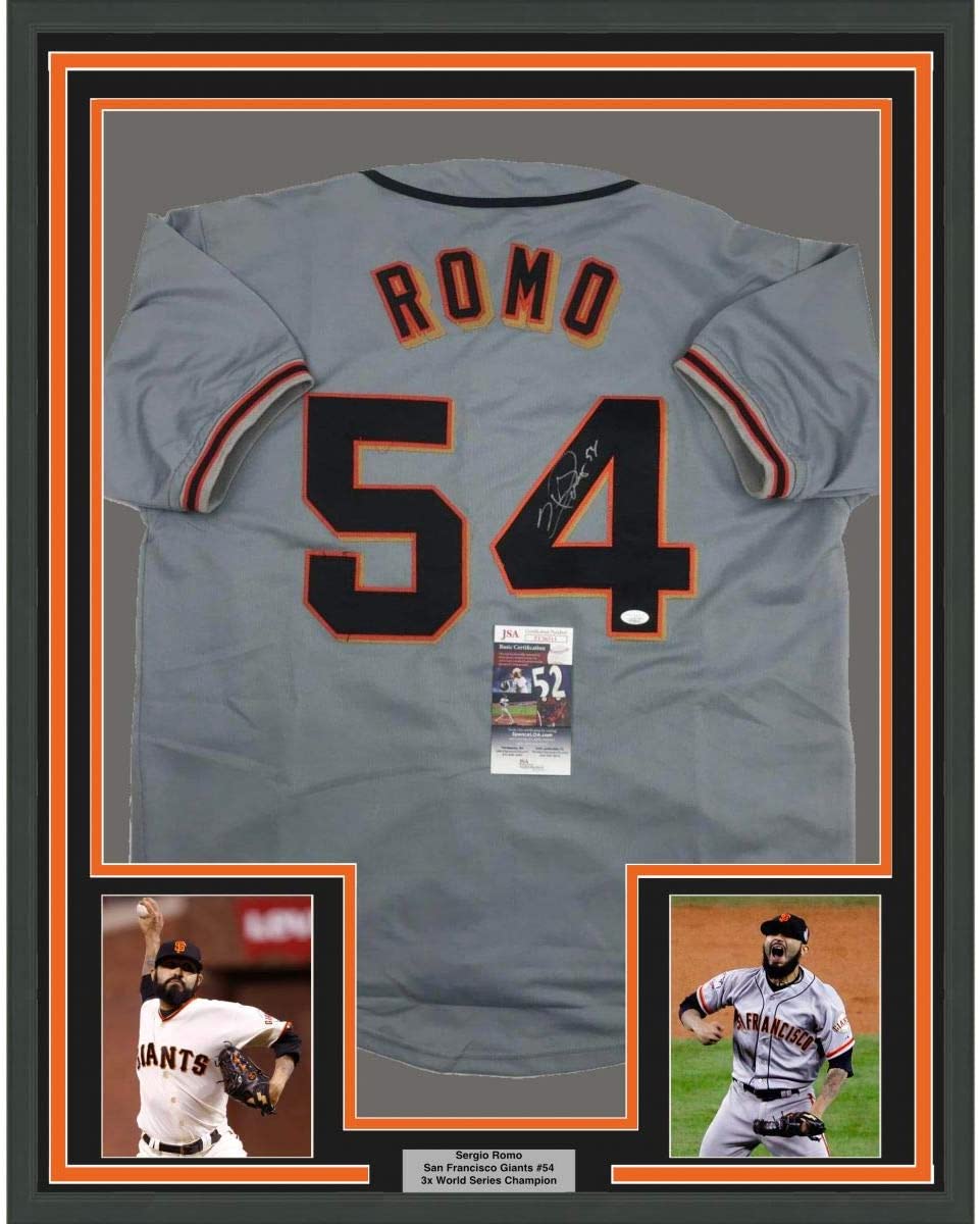 Framed Autographed/Signed Sergio Romo 35x39 San Francisco Grey Baseball Jersey JSA COA