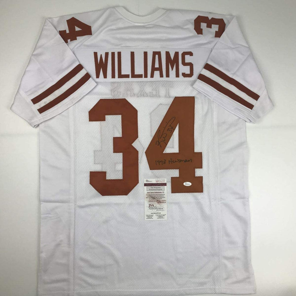 Autographed/Signed Ricky Williams 1998 Heisman Texas Longhorns White Football Jersey JSA COA