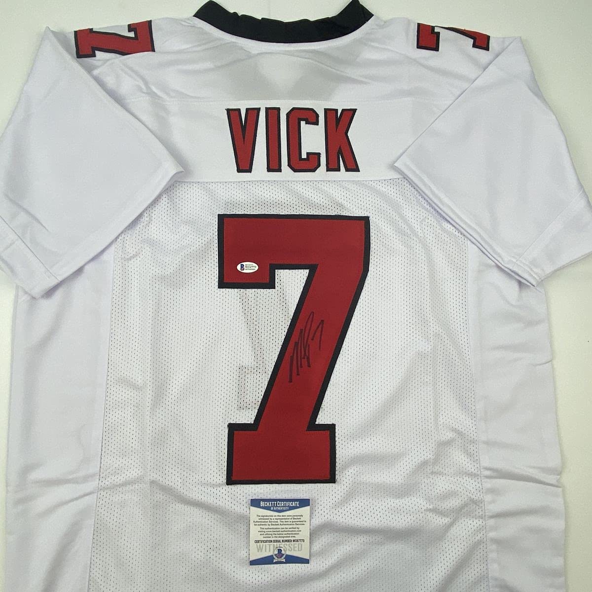 Autographed/Signed Michael Mike Vick Atlanta Retro White Football Jersey Beckett BAS COA