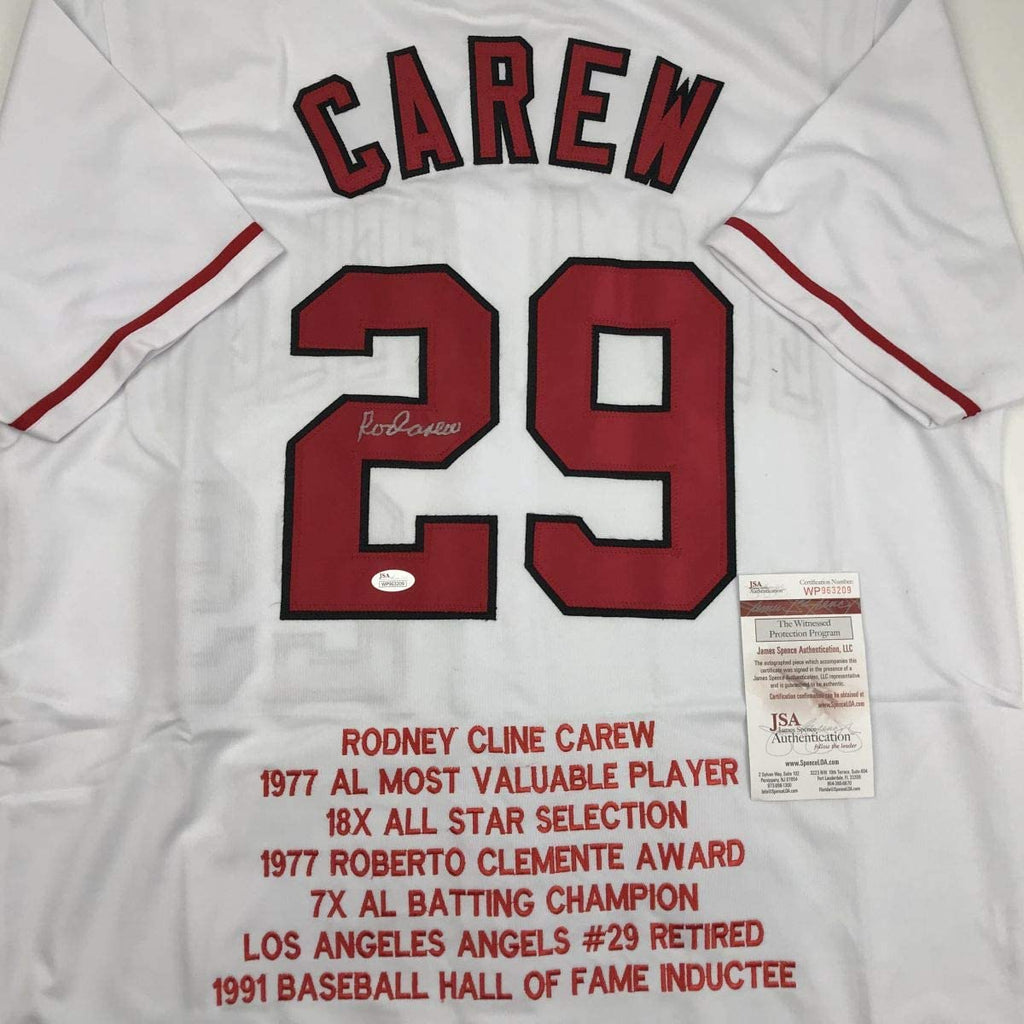 Autographed/Signed Rod Carew Los Angeles White Stat Baseball Jersey JSA COA