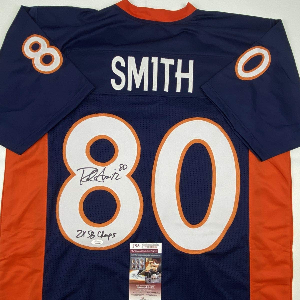 Autographed/Signed Rod Smith 2x SB Champ Denver Blue Football Jersey JSA COA