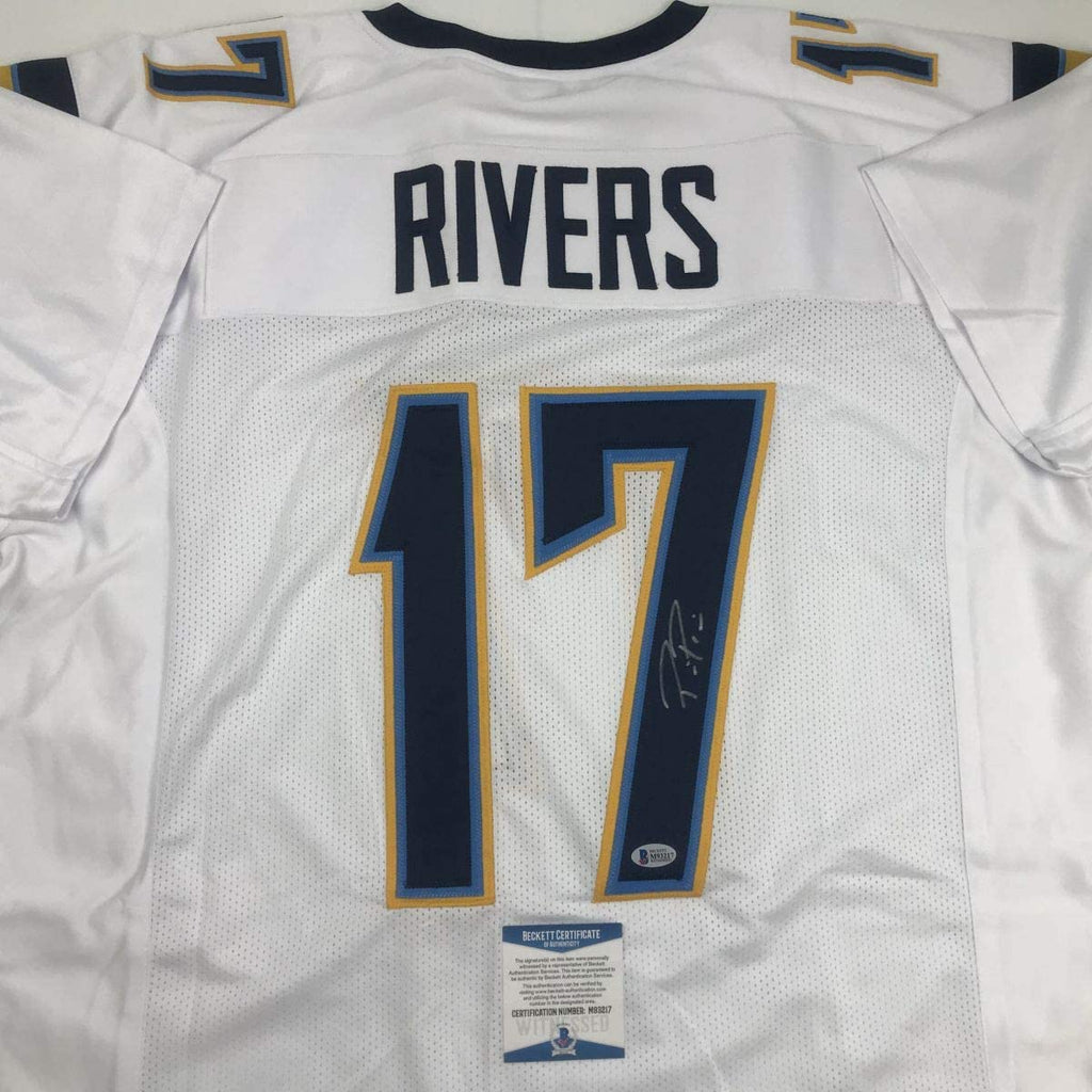 Autographed/Signed Philip Rivers Los Angeles LA White Football Jersey Beckett BAS COA