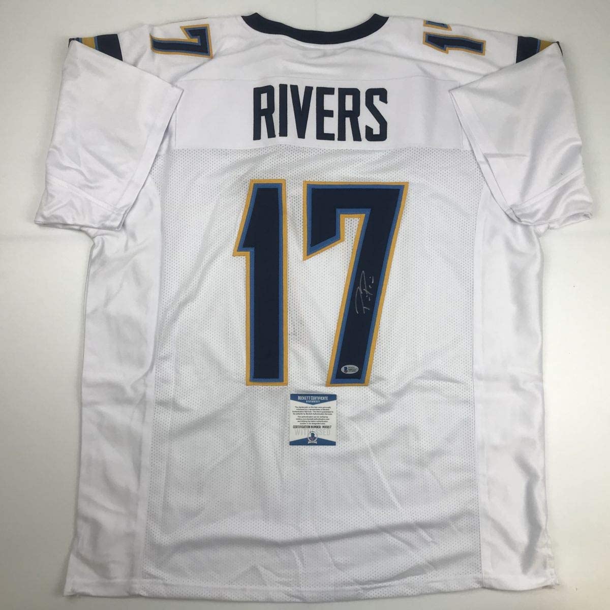 Autographed/Signed Philip Rivers Los Angeles LA White Football Jersey Beckett BAS COA