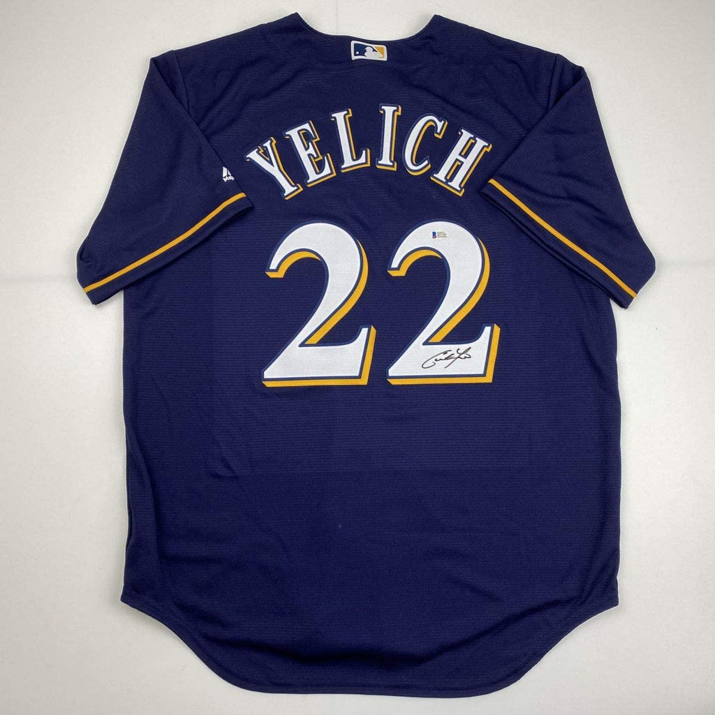 Autographed/Signed Christian Yelich Milwaukee Blue Baseball Jersey Beckett BAS COA