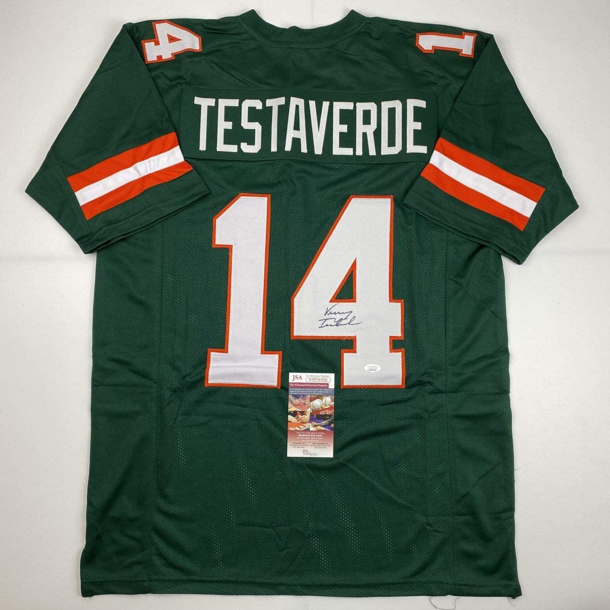Autographed/Signed Vinny Testaverde Miami Green College Football Jersey JSA COA