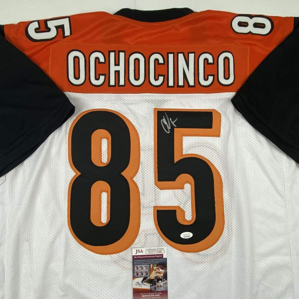 Autographed/Signed Chad Ochocinco (Johnson) Cincinnati White Football Jersey JSA COA