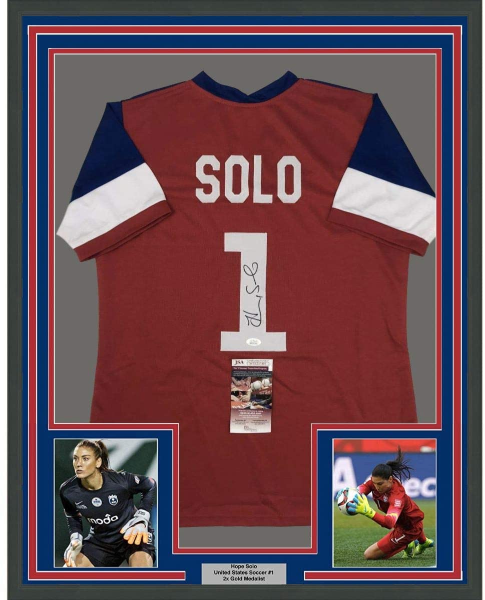 Framed Autographed/Signed Hope Solo 35x39 Red/White/Blue Soccer Team USA World Cup Jersey JSA COA