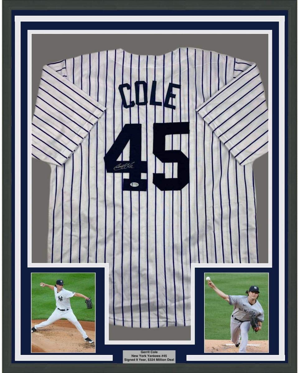 Framed Autographed/Signed Gerrit Cole 35x39 New York Pinstripe Baseball Jersey Beckett BAS COA
