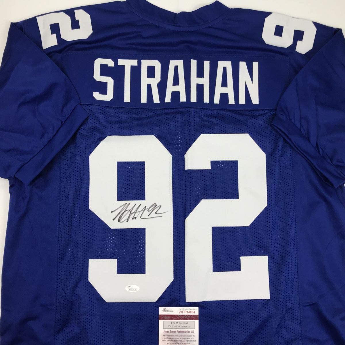 Autographed/Signed Michael Strahan New York Blue Football Jersey JSA COA