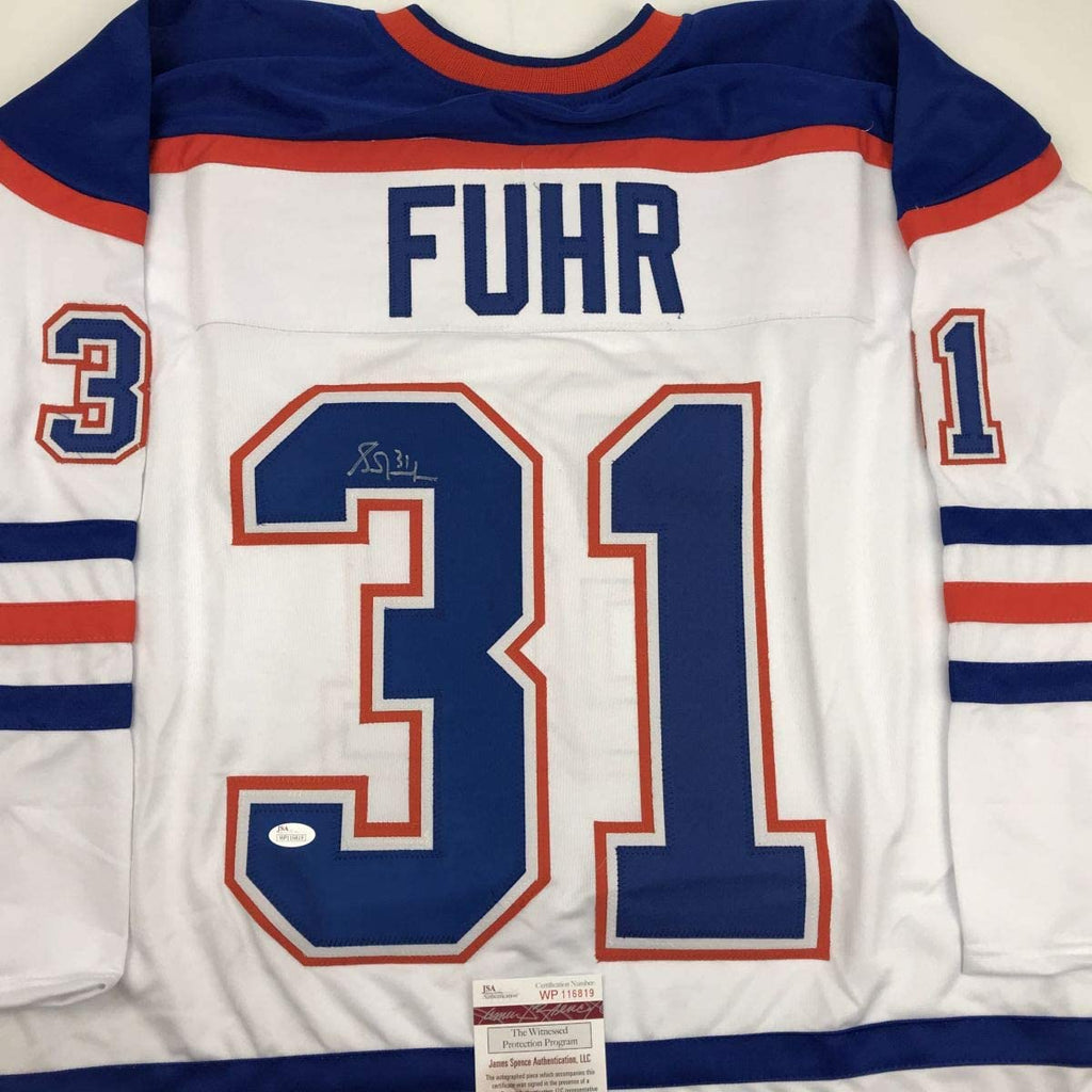 Autographed/Signed Grant Fuhr Edmonton White Hockey Jersey JSA COA