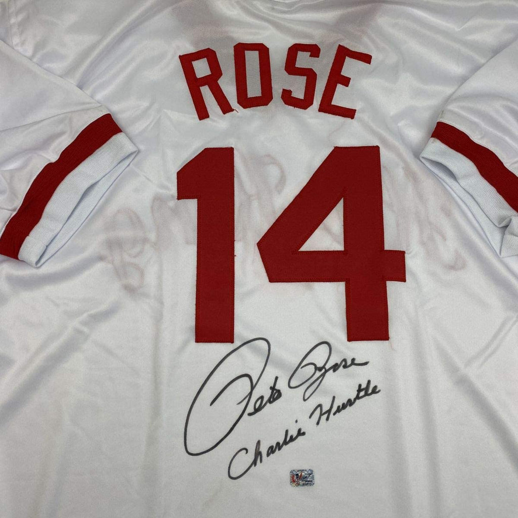 Autographed/Signed Pete Rose Inscribed Charlie Hustle Cincinnati White Baseball Jersey Athlete Hologram COA #1